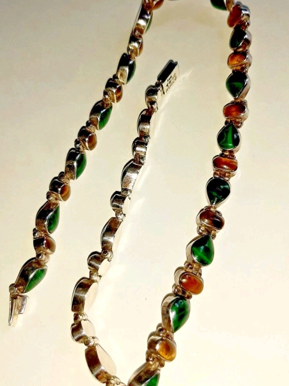 Mexico 950 Sterling Silver Taxco TD-82 Necklace Malachite Tiger Eye 73 Grams